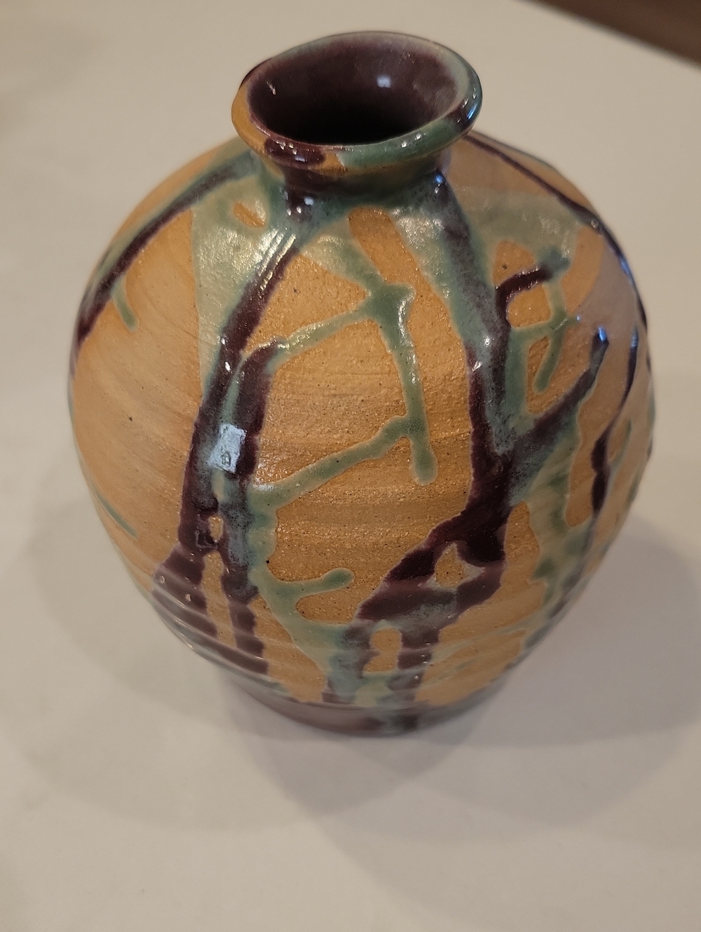 Vintage Tan Ceramic Vase with Green and Purple Drip Glaze